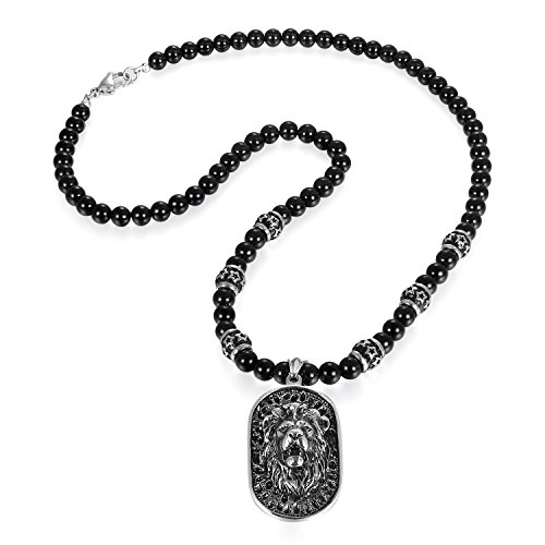 JewelryWe Schmuck Herren Biker Halskette, Edelstahl Gotik Punk Rock Löwe Kopf Dog Tag Anhänger mit Achat Onyx Perlen Kette Kugelkette, Schwarz Silber von JewelryWe