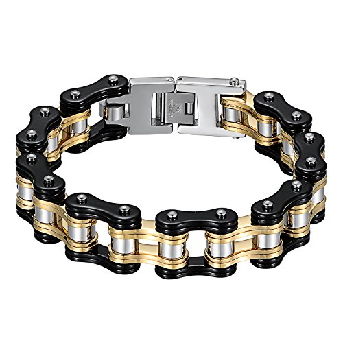 JewelryWe Schmuck Herren Biker Kette Armband, Groß Schwer Drei Töne Hochglanz Poliert Fahrradkette Motorradkette Armkette Armreif aus Edelstahl, Schwarz Gold Silber von JewelryWe