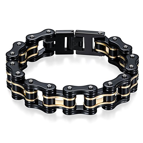 JewelryWe Schmuck Herren Biker Kette Armband, Groß Schwer Zwei Töne Hochglanz Poliert Fahrradkette Motorradkette Armkette Armreif aus Edelstahl, Schwarz Gold von JewelryWe