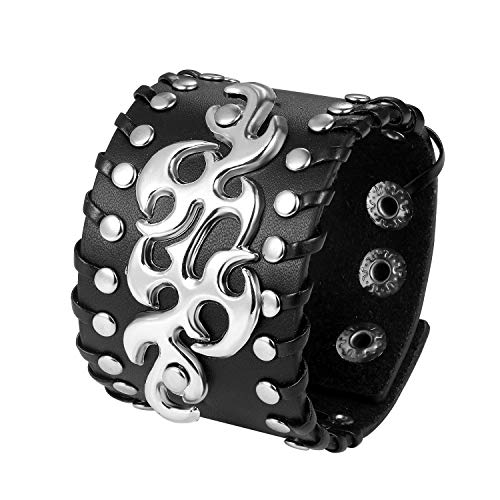 JewelryWe Schmuck Herren Breit Lederarmband Einzigartig Flamme Nieten Leder Armband Armreif Manschette Druckknopf Verstellbar Punk Biker Rock Schwarz von JewelryWe