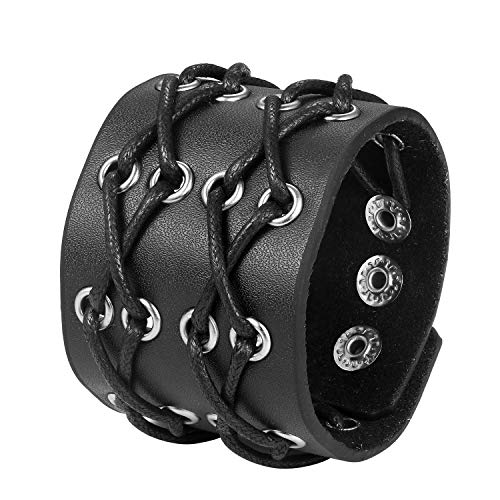 JewelryWe Schmuck Herren Breit Lederarmband Geflochten Leder Armband Armreif Manschette Armband Druckknopf Verstellbar Punk Biker Rock Schwarz von JewelryWe