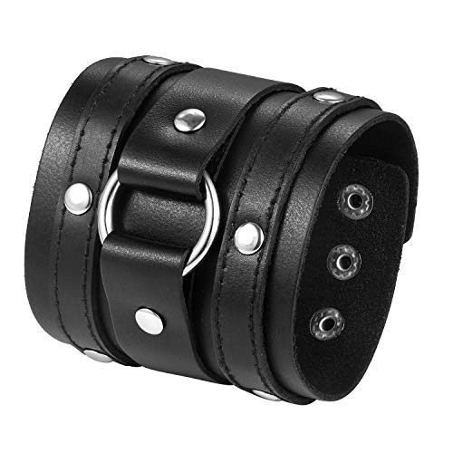 JewelryWe Schmuck Herren Breit Lederarmband Gotik Ring Kreis Nieten geflochten Leder Armreif Manschette Druckknopf Punk Rock Biker Armband verstellbar Schwarz von JewelryWe