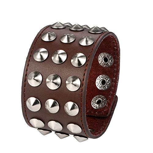 JewelryWe Schmuck Herren Breit Lederarmband Punk Rock Ahle Taper Nieten Leder Armband Armreif Manschette Biker Armband Verstellbar Braun von JewelryWe