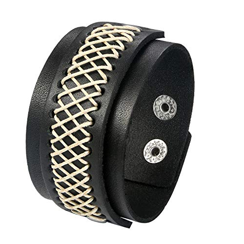 JewelryWe Leder Armband Herren Breit: Punk Rock Lederarmband Retro Leder Seil geflochten Armreif Manschette Druckknopf verstellbar Schwarz von JewelryWe