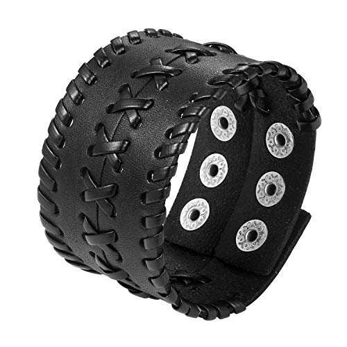 JewelryWe Punk Breit Lederarmband Herren: 4cm Breit Schwarz Geflochten Leder Armband mit Druckknopf Verstellbar Gothic Biker Rock Manschette Armreif Halloween Armschmuck Geschenk für Männer von JewelryWe
