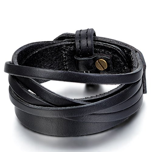 JewelryWe Schmuck Herren Damen Armband, Breit Armreif, Passend für 18-21cm, Leder Legierung, Schwarz von JewelryWe