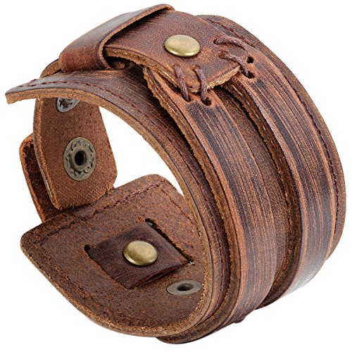 JewelryWe Schmuck Herren Damen Armband, Breit Leder Armreif, Echtleder, Druckknopf, Braun von JewelryWe