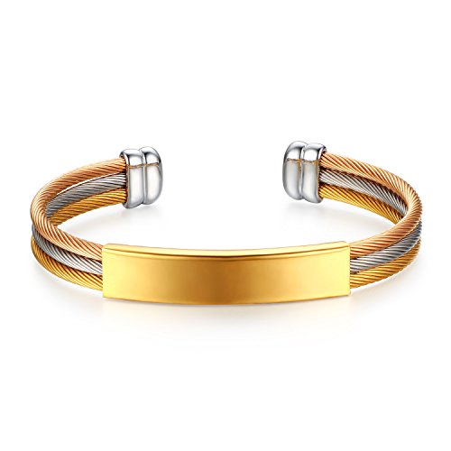 JewelryWe Schmuck Armband mit Gravur, Personalisierte Edelstahl Hochglanz Poliert Dreifach Draht Kabel Armreif Manschette für Herren Damen, Gold Silber von JewelryWe