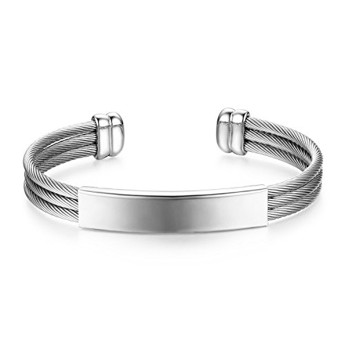 JewelryWe Schmuck Herren Damen Armband, Personalisierte Edelstahl Hochglanz Poliert Dreifach Draht Kabel Armreif Manschette, Silber - mit kostenloser Gravur von JewelryWe