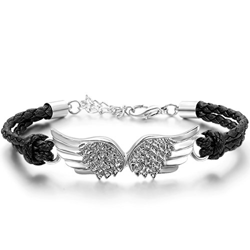 JewelryWe Schmuck Herren Damen Armband, Ein Paar Engel Flügeln Charm Verstellbaren Größen Armreif, Leder Legierung, Schwarz Silber von JewelryWe