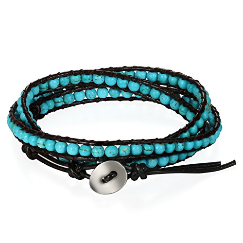 JewelryWe Schmuck Herren Damen Armband, Elegant Perlen Wickelarmband Armreif Manschette Seil Beads 3 Wrap einstellbar, Legierung Leder, Himmelblau 06 von JewelryWe