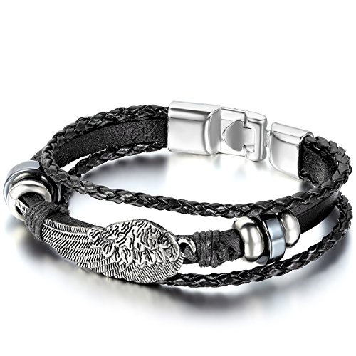 JewelryWe Schmuck Herren Damen Armband, Engel Flügel Geflochten Armreif, Leder Echtleder Legierung, Schwarz Silber von JewelryWe