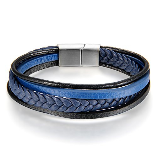 JewelryWe Schmuck Herren Damen Armband, Geflochten Armreif, Magnet Verschluss, Leder Echtleder Edelstahl, Blau Schwarz Silber von JewelryWe