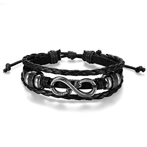 JewelryWe Schmuck Herren Damen Armband, Infinity Unendlichkeit Herz Geflochten Charm Armreif, Edelstahl Legierung Leder Echtleder Zirkonia, Schwarz Silber, Verstellbar Passend für 21~27cm von JewelryWe