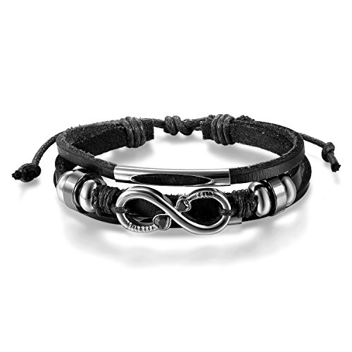 JewelryWe Schmuck Herren Damen Armband, Infinity Unendlichkeit Herz Geflochten Charm Armreif, Leder Echtleder Edelstahl Legierung Zirkonia, Schwarz Silber, Verstellbar Passend für 20~26cm von JewelryWe