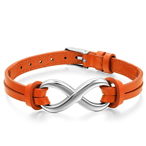 JewelryWe Schmuck Herren Damen Armband, Infinity Zeichen Charm Armreif, Leder Echtleder Edelstahl, Orange Silber von JewelryWe