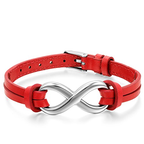 JewelryWe Schmuck Herren Damen Armband, Infinity Zeichen Charm Armreif, Leder Echtleder Edelstahl, Rot Silber von JewelryWe