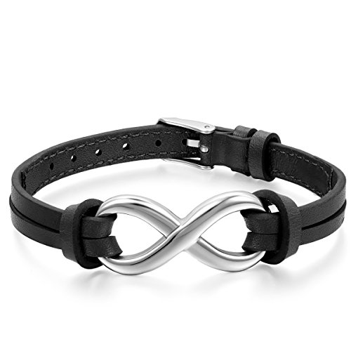 JewelryWe Lederarmband Unendlichkeitszeichen Armband Unisex: Herren Damen Edelstahl Infinity Unendlichkeit Zeichen Doppel Kordelkette Leder Echtleder Verstellbar Armreif mit Schnalle Schwarz Silber von JewelryWe