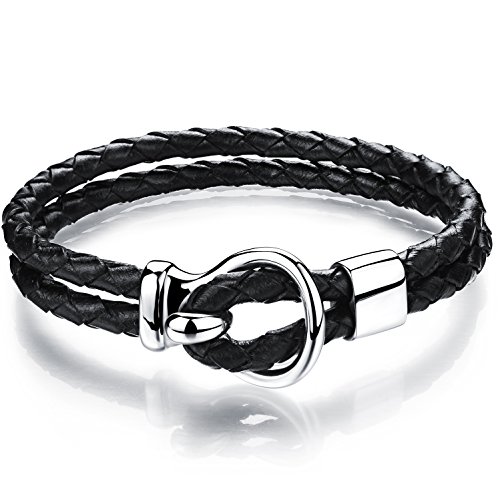 JewelryWe Schmuck Herren Damen Armband, Infinity Zeichen Geflochten Charms Armreif, Leder Echtleder Edelstahl, Schwarz Silber von JewelryWe