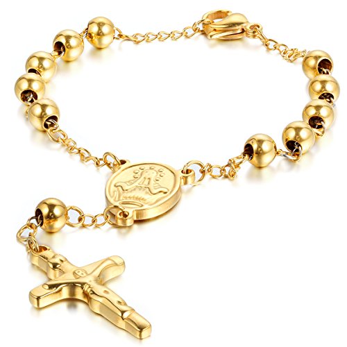 JewelryWe Schmuck Herren Damen Armband, Jesus Kruzifix Kreuz Kugel Armkette Armreif, Edelstahl, Gold von JewelryWe