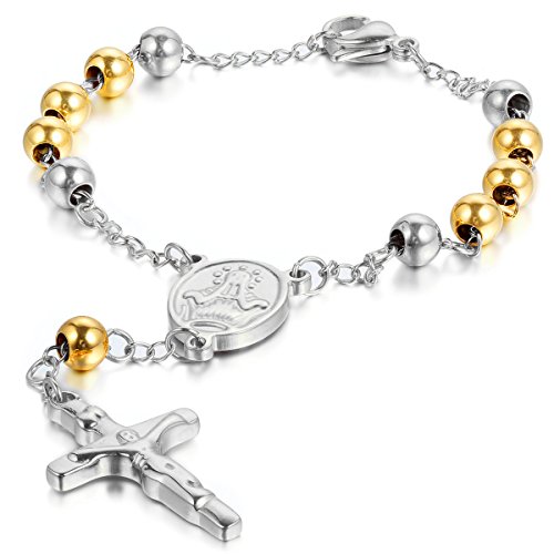 JewelryWe Schmuck Herren Damen Armband, Jesus Kruzifix Kreuz Kugel Armkette Armreif, Edelstahl, Silber Gold von JewelryWe