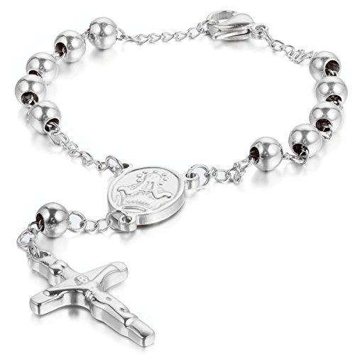 JewelryWe Schmuck Herren Damen Armband, Jesus Kruzifix Kreuz Kugel Armkette Armreif, Edelstahl, Silber von JewelryWe