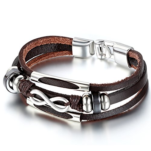 JewelryWe Schmuck Herren Damen Armband, Lieben Infinity Charm Armreif, Leder Echtleder Legierung, Braun Silber von JewelryWe