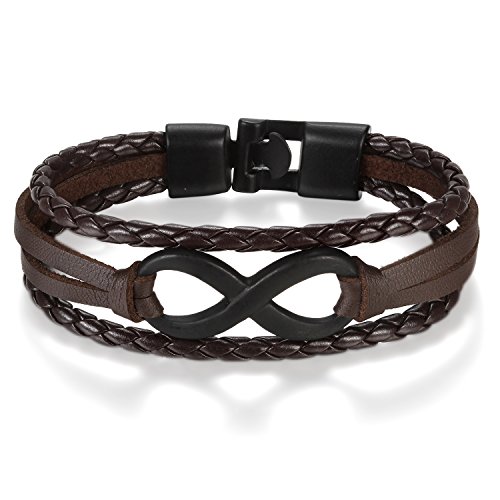 JewelryWe Lederarmband Unendlichkeitszeichen Armband Leder: Herren Damen Lieben Infinity Unendlichkeit Zeichen Mehrreihig Legierung Leder Geflochten Armreif Wickelarmband 20.5cm schwarz braun von JewelryWe