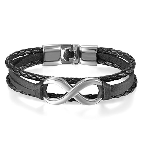 JewelryWe Schmuck Herren Damen Armband, Lieben Infinity Zeichen Geflochten Armreif, Leder Legierung, silber schwarz von JewelryWe