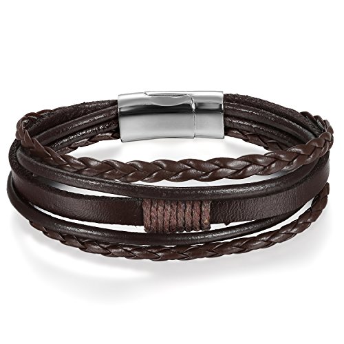 JewelryWe Schmuck Herren Damen Armband, Multi-Layered Wickelarmband geflochten Leder Armbänder Armreif mit Magnetverschluss, Geschenke für Männer Braun Silber von JewelryWe