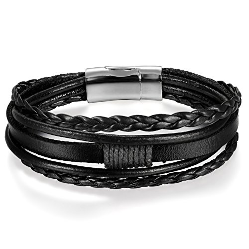 JewelryWe Schmuck Herren Damen Armband, Multi-Layered Wickelarmband geflochten Leder Armbänder Armreif mit Magnetverschluss, Geschenke für Männer Schwarz Silber von JewelryWe