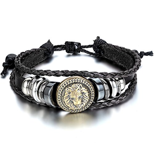 JewelryWe Schmuck Herren Damen Armband, Punk Rock Löwe Geflochten Charm Tribal Armreif, 21-30cm Verstellbaren Größen, Leder Legierung Baumwollseil, Schwarz Silber von JewelryWe