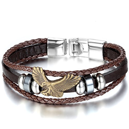 JewelryWe Schmuck Herren Damen Armband, Retro Adler Eagle Beads Kugeln Geflochten Charm Armreif, Leder Legierung, Braun Gold Silber von JewelryWe