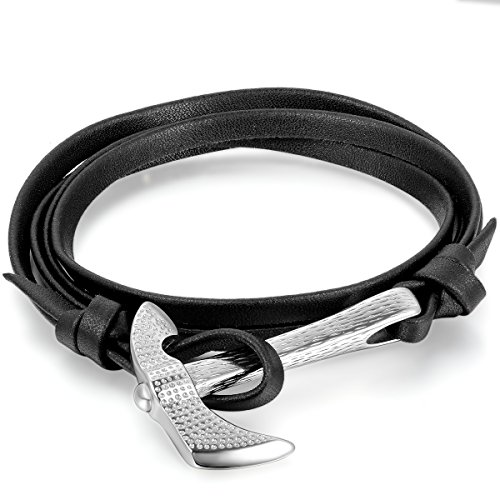 JewelryWe Lederarmband Herren Edelstahl Axt: Retro Mehrschichtig Geflochten Leder Echtleder Armband Armreif Wickelarmband mit Edelstahl Axt Schnalle Schwarz Silber von JewelryWe