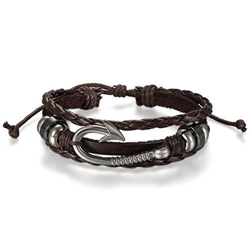 JewelryWe Schmuck Herren Damen Armband, Retro Einzigartig Angelhaken Haken Design Geflochten Armreif, Leder Echtleder Legierung, Braun Silber, Verstellbar Passend für 21~27cm von JewelryWe