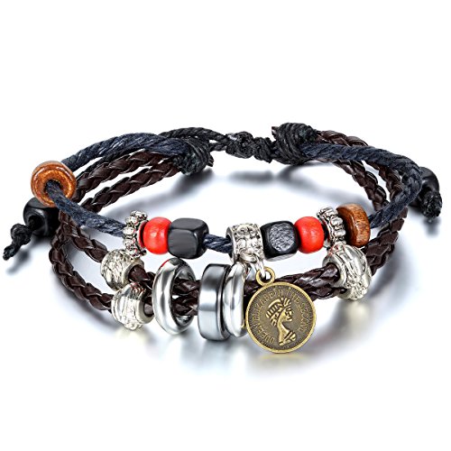 JewelryWe Lederarmband Herren Damen Armband: Retro Tibetischen Perlen Beads Kugeln Runde Medaille Legierung Holz Leder Geflochten Charm Armreif Verstellbaren Größen Passend für 21-30cm Braun von JewelryWe