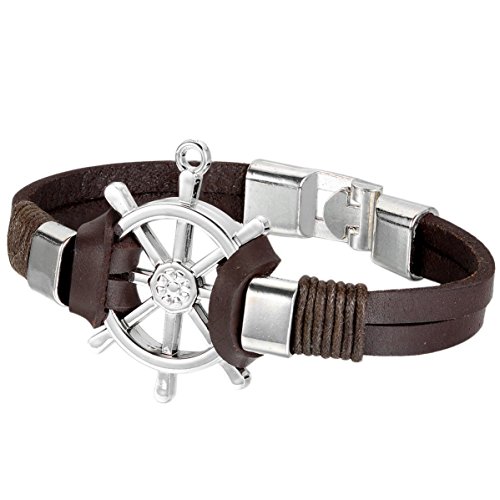 JewelryWe Schmuck Herren Damen Armband, Ruder Charm Tribal Armreif, Leder Echtleder Legierung, Braun Silber von JewelryWe