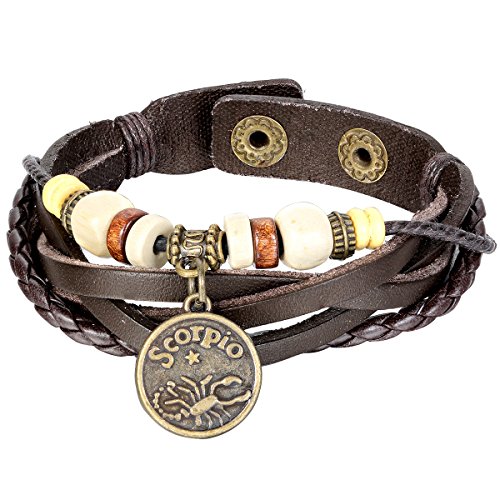 JewelryWe Schmuck Herren Damen Armband, Skorpion, Tierkreis Sternzeichen Horoskop Charms Druckknopf Verstellbaren Größen Armreif, Leder Legierung Holz, Braun von JewelryWe