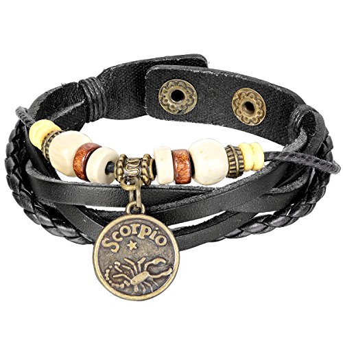 JewelryWe Lederarmband Herren Damen Sternzeichen: Skorpion Legierung Holz Leder geflochten Armband Tierkreis Horoskop Druckknopf Verstellbare Größen Armreif Wickelarmband Surferarmband Schwarz von JewelryWe