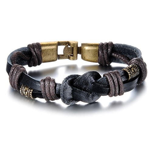 JewelryWe Schmuck Metalllegierung Legierung Leder Echtleder Armband Armreifen Seil Schwarz Gold Golden Geflochten Tribal Stammes Herren von JewelryWe