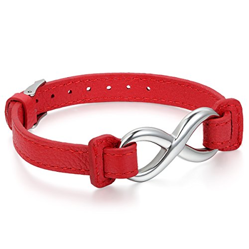 JewelryWe Schmuck Herren Damen Armband Infinity Unendlichkeitszeichen Lieben Charm Lederarmband Armreif Geschenk für Männer Frauen Rot Silber von JewelryWe