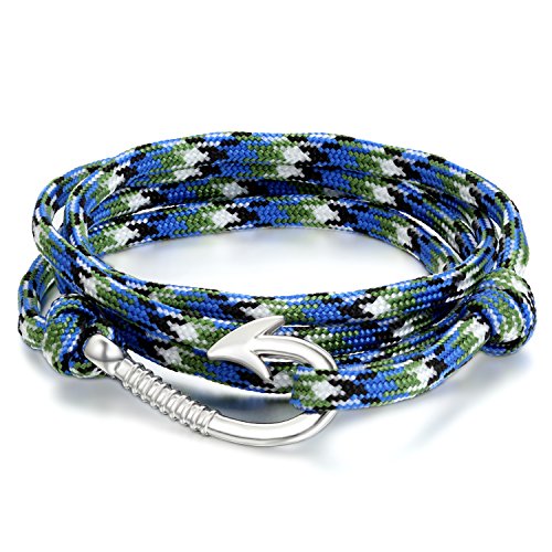 JewelryWe Schmuck Herren Damen Armband Retro Geflochten Angelhaken Haken Armreif Nylonseil Legierung blau Weiss schwarz von JewelryWe