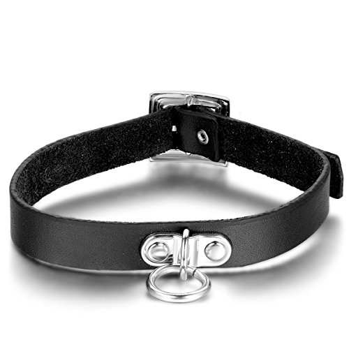 JewelryWe Schmuck Herren Damen Choker Halskette Halsband, Einfach Legierung Ring Kreis Anhänger mit Leder Kette, Schwarz Silber von JewelryWe