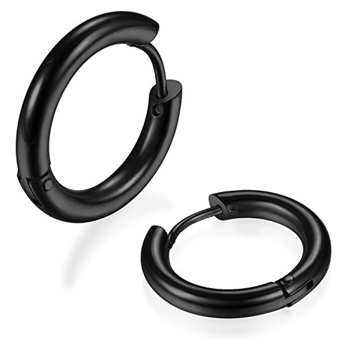 JewelryWe Schmuck Herren Damen Creolen Ohrringe, Edelstahl hochglanz poliert Klappcreolen Huggie Ohrstecker Ohrhänger Ohrschmuck Ohrklemmen, Schwarz - Durchmesser 18mm von JewelryWe