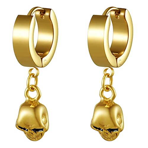 JewelryWe Schmuck Herren Damen Creolen Ohrringe mit Totenkopf Schädel Anhänger, Edelstahl Ohrstecker Ohrpiercing Silber Gold Schwarz Halloween Geschenk von JewelryWe