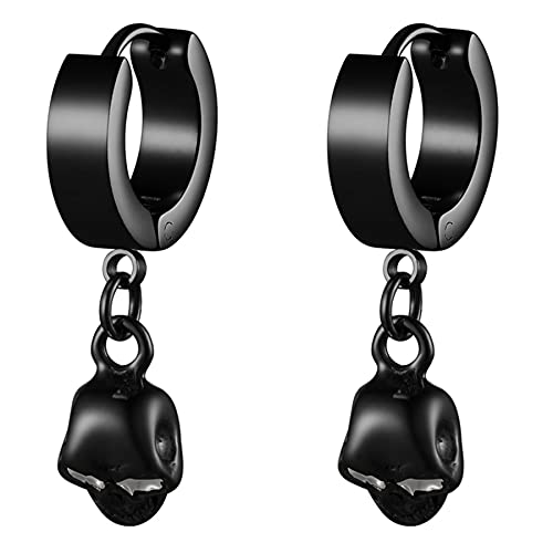 JewelryWe Schmuck Herren Damen Creolen Ohrringe mit Totenkopf Schädel Anhänger, Edelstahl Ohrstecker Ohrpiercing Silber Gold Schwarz Halloween Geschenk von JewelryWe