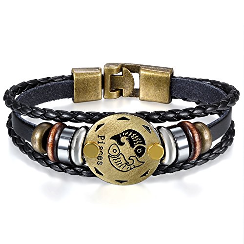 JewelryWe Schmuck Herren Damen Fische Armband, 12 Tierkreis Sternzeichen Horoskop Charms Druckknopf Armreif, Leder Legierung, schwarz von JewelryWe