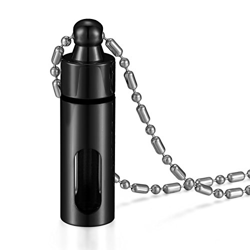 JewelryWe Schmuck Herren Damen Halskette, Edelstahl Aschebehälter Memorial Asche Urne Aroma Diffusor Glas Flasche Parfüm Anhänger mit 55cm Kugel Kette, Schwarz von JewelryWe