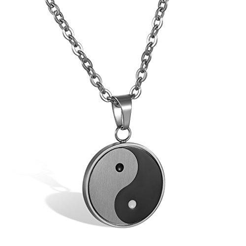 JewelryWe Schmuck Herren Damen Halskette, Edelstahl Tai Chi Yin und Yang Anhänger mit 55cm Kette, Schwarz Grau Silber, kostenlos Gravur von JewelryWe