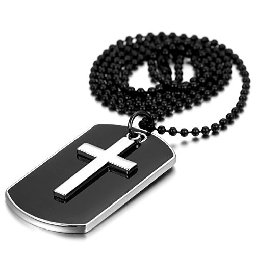 JewelryWe Herren Halskette Militärischen Kreuz Erkennungsmarken Dog Tag Anhänger mit Kugelkette Schwarz Silber Armee Stil von JewelryWe